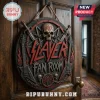 Round Slayer Fan Room wooden sign with a central skull, pentagram, swords, and two electric guitars on a wood door.!
