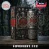 Slayer band heavy metal tumbler featuring skull, eagle, and pentagram embossed artwork on a dark metallic surface.!