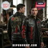 Black leather motorcycle jacket featuring Slayer Reign In Blood album art on the back and red logo text on the sleeves.!