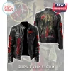 Slayer Reign in Blood black faux leather motorcycle jacket with red band logos and album artwork printed on back.!