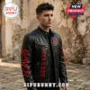Man wearing a black leather motorcycle jacket with red Slayer logo and Reign In Blood text, standing outdoors.!