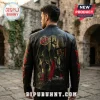 Black leather jacket with printed Slayer Reign in Blood album artwork on the back and red text on the sleeves.!