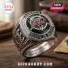 Slayer band championship ring featuring red Slayer logo, black stone, silver metal, and Reign in Blood engraving.!