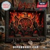 Slayer band shadow box display with LED lighting, featuring band members and logo against a flaming eagle background.!