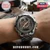 Slayer band metal wrist watch with eagle emblem, red logo, silver stainless steel band, and black tachymeter bezel.!