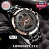 Slayer band themed analog watch with black stainless steel band, eagle emblem, pentagram, and tachymeter bezel markings.!
