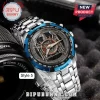 Slayer band themed stainless steel analog watch with blue tachymeter bezel, eagle logo dial, and metal link band.!