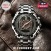 Slayer band themed stainless steel chronograph watch with eagle emblem, red logo, and tachymeter bezel on brown leather.!