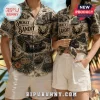 Smokey and the Bandit vintage print beige short-sleeve button-down shirts worn by two people.!