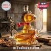 Snoopy glass whiskey bottle shaped like an airplane with a red scarf and aviator goggles on a wooden hangar table.!