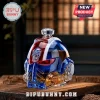 Warhammer 40k Space Marine helmet shaped glass whiskey decanter with blue and red translucent panels and a metal skull icon.!