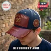 Spider-Man baseball cap with navy blue fabric, maroon leather front panel, gold spider logo, and personalized text area.!
