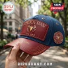 Blue denim and maroon leather Spider-Man cap featuring a gold metallic spider logo, embroidered text, and side emblem.!