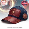 Navy blue and red Spider-Man baseball cap featuring a faux leather patch with gold embossed spider logo and text.!