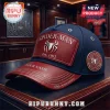 Spider-Man blue and red baseball cap with leather patches, silver spider logo, and personalized text on the brim.!