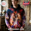 Star Trek 60th anniversary pullover hoodie featuring cast montage and nebula galaxy graphics on black background.!