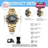 Star Trek 60th Anniversary gold-tone wristwatch with blue dial, metallic band, and technical specifications for sizing.!