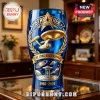 Blue glass beer pint featuring gold Star Trek 60th anniversary logo, USS Enterprise, and Live Long and Prosper text.!