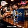 Blue Star Trek 60th anniversary pint glass with gold U.S.S. Enterprise graphic and display box on a wooden bar counter.!