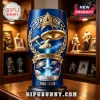Blue glass beer glass featuring gold Star Trek 60th anniversary logo, USS Enterprise, and Live Long and Prosper text.!
