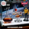 Star Trek U.S.S. Enterprise NCC-1701 whiskey decanter, glass carafe, and Spock figurine inside a glass display case.!