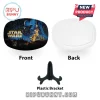 Star Wars 50th anniversary printed oval display plaque, white back side, and black plastic easel stand on white background.!