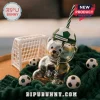 Clear glass bear-shaped Starbucks tumbler with a green and white soccer ball lid, matching straw, and tiny soccer props.!
