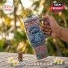 Grey stainless steel tumbler with a 3D Stitch character, text Ohana Means Family, metal straw, and hibiscus floral decor.!