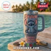 Grey Stitch character 40oz stainless steel tumbler with 3D embossed text Ohana Means Family on a wooden dock background.!