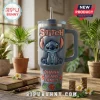 Blue textured 40oz stainless steel tumbler featuring a 3D Stitch character, raised lettering saying Ohana Means Family.!