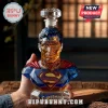 Superman character glass whiskey decanter with blue and red details and a faceted crystal stopper held in a hand.!