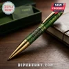 TMNT collector pen with green hexagonal pattern, gold accents, and Teenage Mutant Ninja Turtles emblem on wooden desk.!