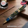 Leonardo Teenage Mutant Ninja Turtle metal pen with blue enamel, gold trim, katana swords, and honeycomb patterns on wood.!