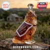 Amber glass collie dog whiskey decanter with diamond-shaped stopper featuring 150th Anniversary Gig Em text on a log.!