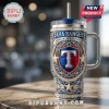 Texas Rangers stainless steel tumbler with handle, straw, and ornate shield logo in blue, red, silver, and gold colors.!