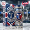 Texas Rangers stainless steel tumbler with straw, featuring blue, red, and silver ornate crest and T logo graphics.!