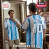 Man wearing a white and blue striped Texas baseball jersey with Messi 10 on the back, facing a tall floor mirror.!