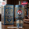 Texas Rangers World Series Champions insulated tumbler with metallic blue finish, gold scrollwork, and Globe Life Field icon.!