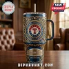 Texas Rangers stainless steel tumbler with ornate gold filigree, team logo, stadium engraving, and a metal straw.!