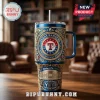 Texas Rangers stainless steel tumbler with gold filigree, baseball team logo, Globe Life Field graphic, and YETI branding.!
