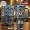 Texas Rangers World Series Champions insulated tumbler with gold filigree, blue finish, and Globe Life Field graphic detail.!