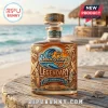 The Beach Boys 65th anniversary amber liquor bottle with embossed palm trees, surfboards, and microphone on beach background.!