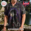 Short-sleeve button-down shirt featuring The Cure band artwork in a purple stained-glass style with lyrics and song titles.!