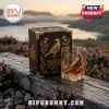 The Famous Grouse 130th anniversary whiskey glass and dark wooden display box with gold bird and thistle engravings.!
