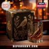 The Famous Grouse 130th anniversary whiskey glass and dark wood presentation box with gold bird and thistle engravings.!