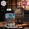 The Kraken rum whiskey glass with iridescent octopus graphic, resting next to a dark wood commemorative display box.!