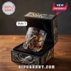 Kraken Black Spiced Rum rocks glass with 3D embossed octopus and green eye inlay inside an ornate black presentation box.!