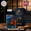 Kraken Black Spiced Rum glass with iridescent octopus relief design and matching dark blue wooden storage box.!