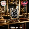 Stemless wine glass with Kraken Black Spiced Rum branding and octopus tentacles in gold and black print on glass.!