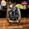 Stemless wine glass featuring The Kraken Black Spiced Rum branding, octopus illustration, and a lime wedge on a wood bar.!